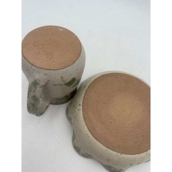 Handcrafted Vintage Studio Pottery Pitcher Scalloped Bowl Set Green Ivy Pattern - Picture 4 of 11